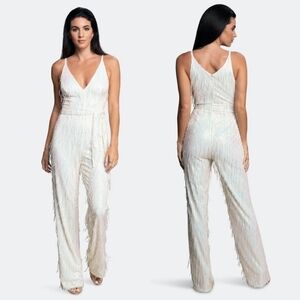New Dress The Population Kinsley V-Neck Sequined Fringe White Jumpsuit Medium